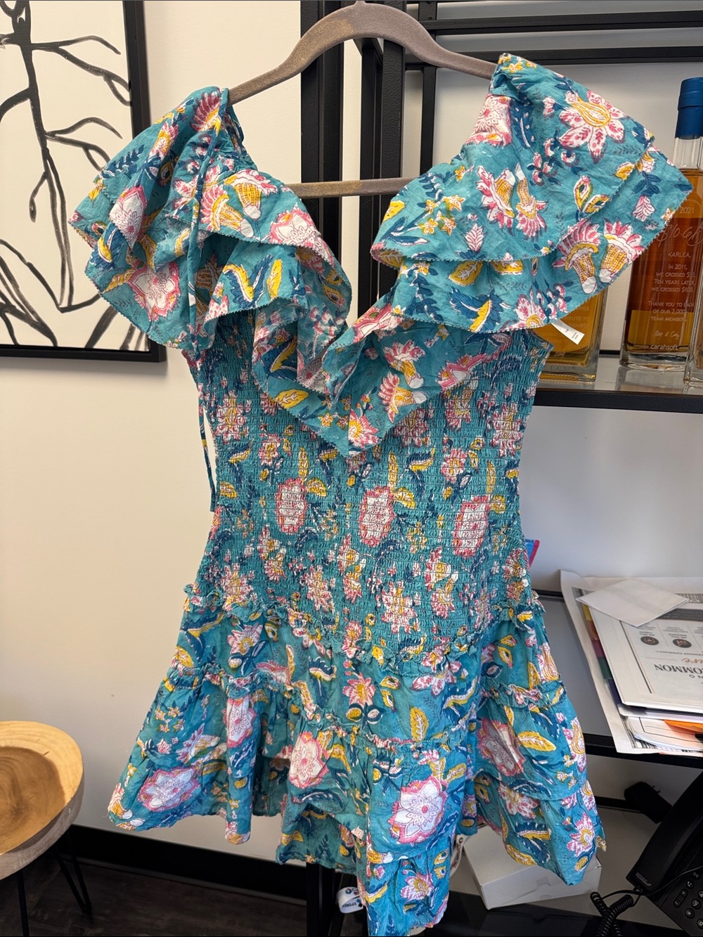 Smocked Teal Floral Ruffle Mini Dress